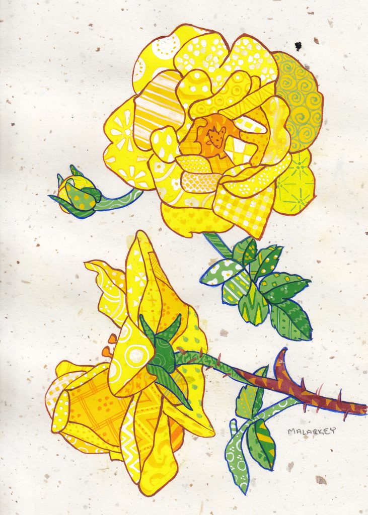 Patchwork memories. Linda. Gouache on paper. Brandi Malarkey, artist. ItsAllMalarkey.com