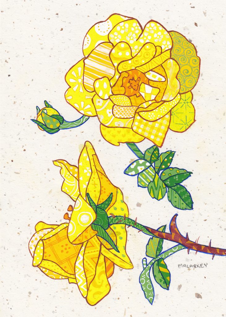 Patchwork memories. "Linda". Gouache on paper. Brandi Malarkey, artist. ItsAllMalarkey.com